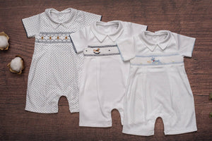 Navy Dots Bears Smocked Baby Romper: 3M