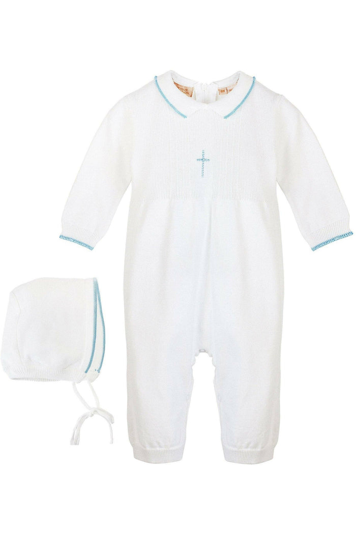Julius Berger & Carriage Boutique - Baby Boy Knit Pearl Blue Cross Outfit + Bonnet: 3M