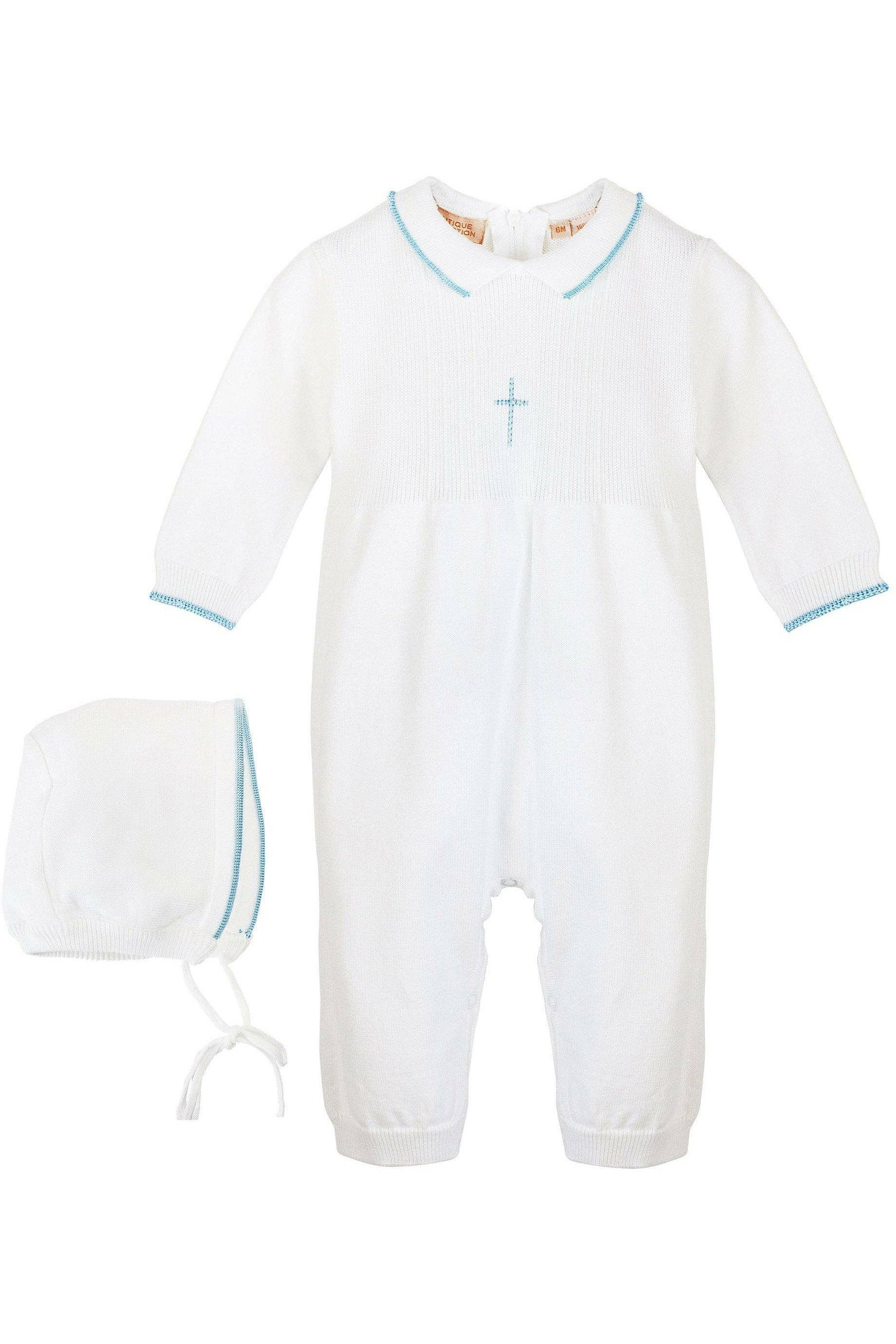Julius Berger & Carriage Boutique - Baby Boy Knit Pearl Blue Cross Outfit + Bonnet: 6M