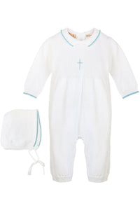 Julius Berger & Carriage Boutique - Baby Boy Knit Pearl Blue Cross Outfit + Bonnet: 6M