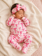 Load image into Gallery viewer, Pink Bows / Organic Pointelle 2-Way Zip Footie: 6-9M