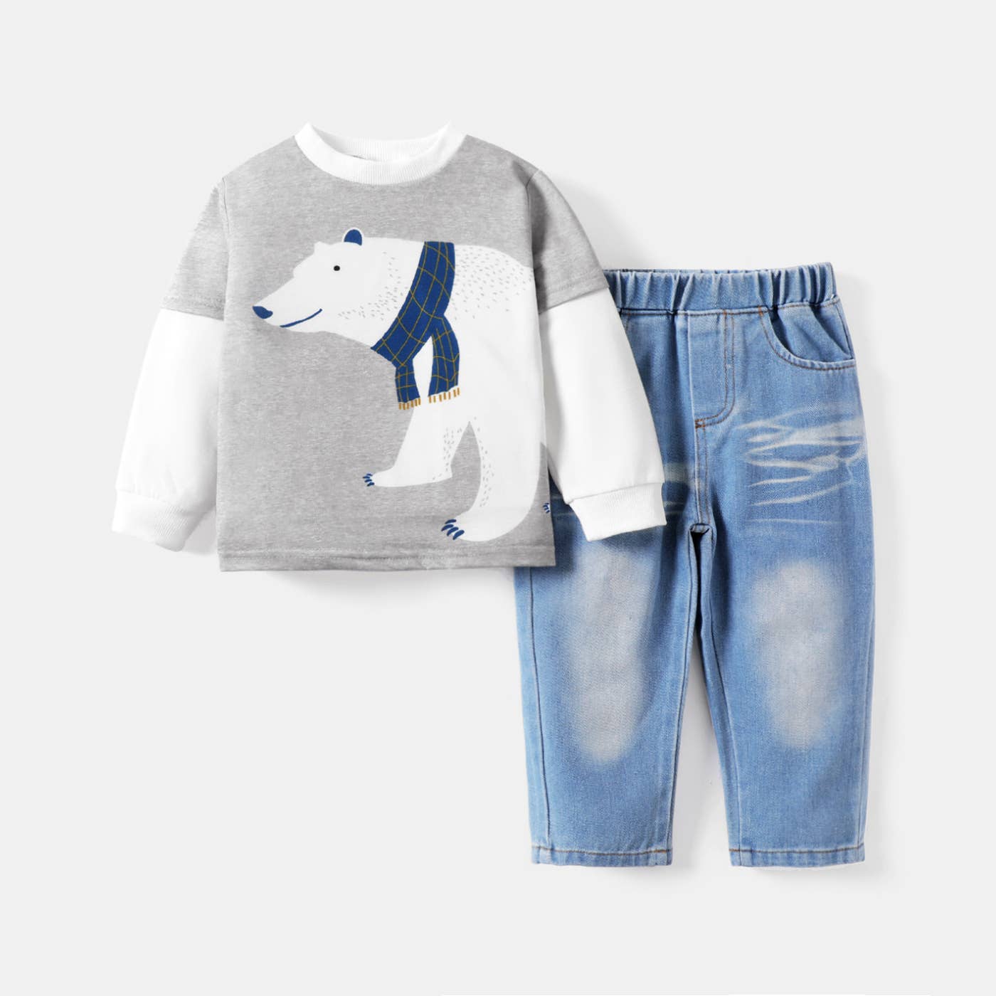 2PCS Toddler Boy Animal Top/Faux Layered Denim Pants Set: Grey / 2 Years