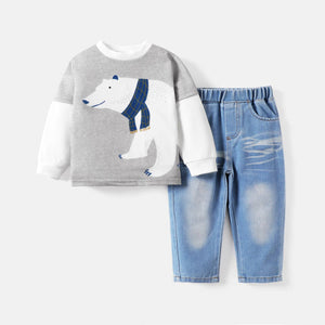 2PCS Toddler Boy Animal Top/Faux Layered Denim Pants Set: Grey / 2 Years