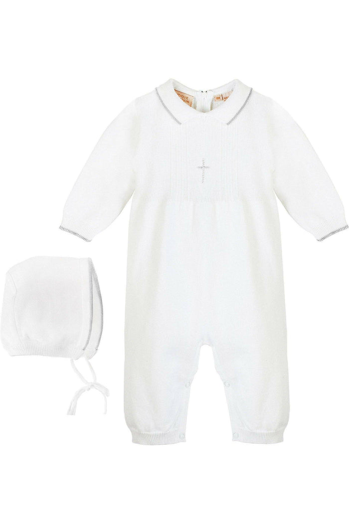 Julius Berger & Carriage Boutique - Baby Boy Knit Pearl Silver Cross Outfit + Bonnet: 6M
