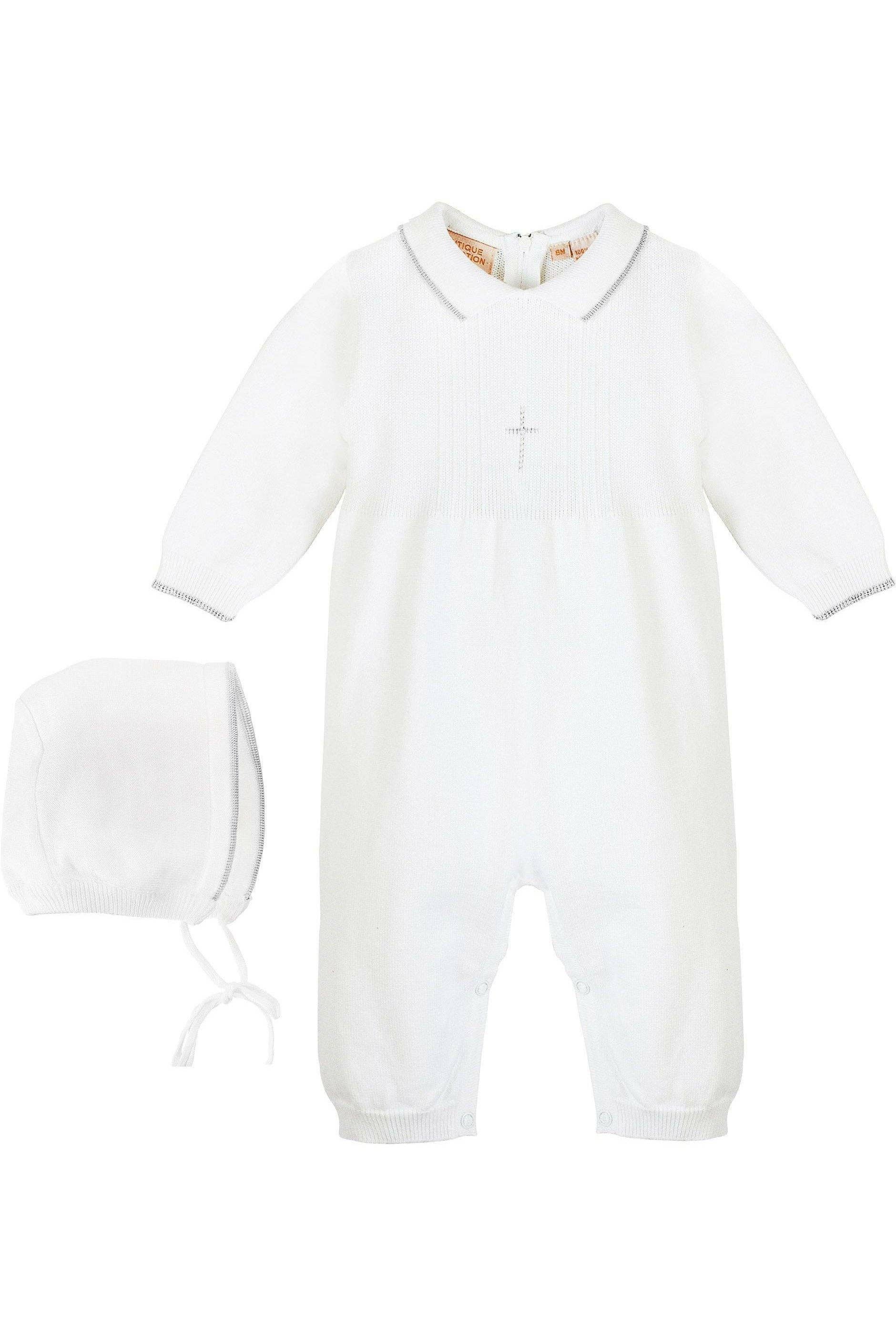 Julius Berger & Carriage Boutique - Baby Boy Knit Pearl Silver Cross Outfit + Bonnet: 3M