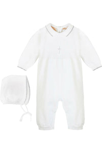Julius Berger & Carriage Boutique - Baby Boy Knit Pearl Silver Cross Outfit + Bonnet: 3M