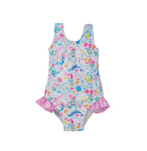 Load image into Gallery viewer, Flap Happy - Kids UPF50+ Delaney Hip Ruffle Swimsuit for Girls: Mermaid Friends / 12M
