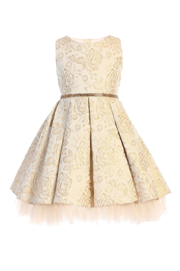 Sweet Kids, Inc. - SK831 - metallic floral pleated jacquard w/ peek a boo tulle: Champagne / 2