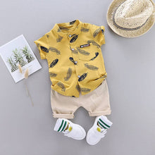 Load image into Gallery viewer, Leaf Print Short-sleeve Shirt and Pants Set: 9-12 Months / Blue