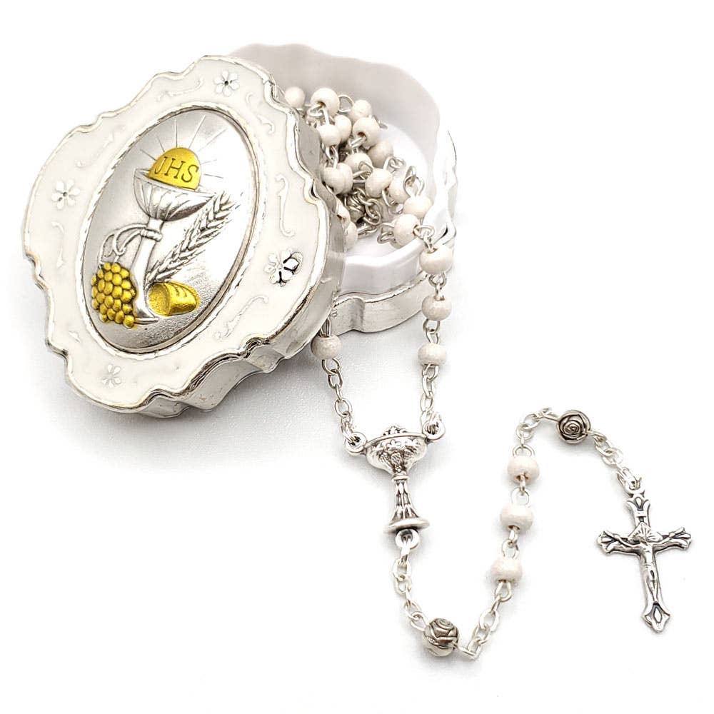 RM Trading - First Holy Communion Wooden Rosary Gift Set for Boys & Girls: White