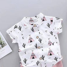 Load image into Gallery viewer, Cactus Print Short-sleeve Shirt and Pants Set: Blue / 0-3 Months