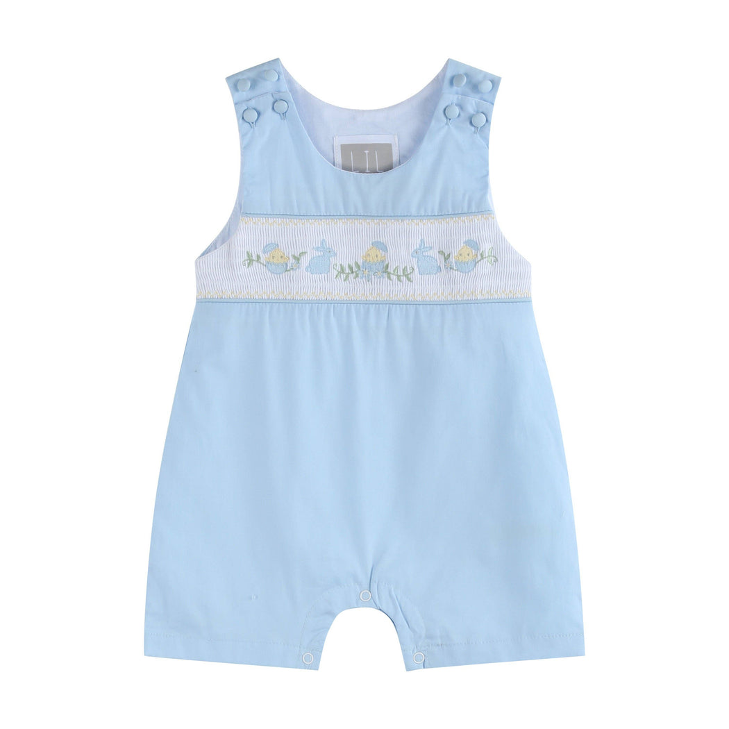 Lil Cactus - Light Blue Easter Smocked Shortalls: 18-24M