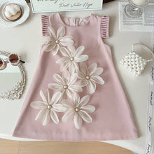 Load image into Gallery viewer, Summer Loose Sleeveless Dress for Girls Western Style Three-Dimensional Petal Pleated Satin Vest Dress: Pink / 5-6 Years (130cm)