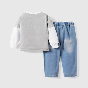 2PCS Toddler Boy Animal Top/Faux Layered Denim Pants Set: Grey / 2 Years