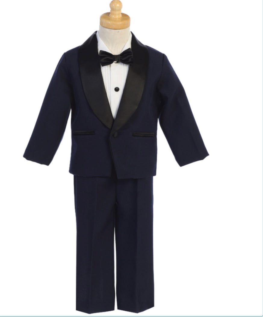 One button navy dinner jacket with black shawl satin lapel, cotton tuxedo shirt with bow tie, 