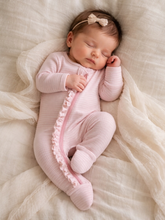 Load image into Gallery viewer, Pink Stripe / Ribbed Frill 2-Way Zip Footie: 0-3M