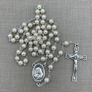 RM Trading - Rosary Pearl Glass Cream Beads Silver Tone