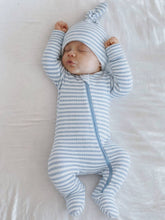 Load image into Gallery viewer, Dusty Blue Stripe / Ribbed 2-Way Zip Footie: 0-3M