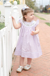 Lil Cactus - Light Purple Bunnies Smocked Bishop Dress: 12-18M