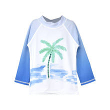 Load image into Gallery viewer, Flap Happy - Kids UPF50+ Graphic Rash Guard Swim Top for Boys (H): Painted Palms Blue / 6M