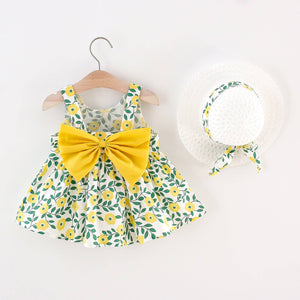 2pcs Floral Print Bowknot Sleeveless Baby Dress: 9-12 Months / Pink