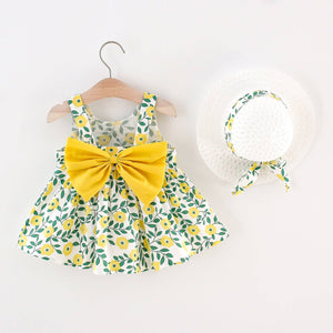 2pcs Floral Print Bowknot Sleeveless Baby Dress: 6-9 Months / Pink