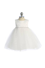 Load image into Gallery viewer, Satin Top Baby Dress with Wavy Rhinestone &amp; Pearl Trim: White / 3-6M