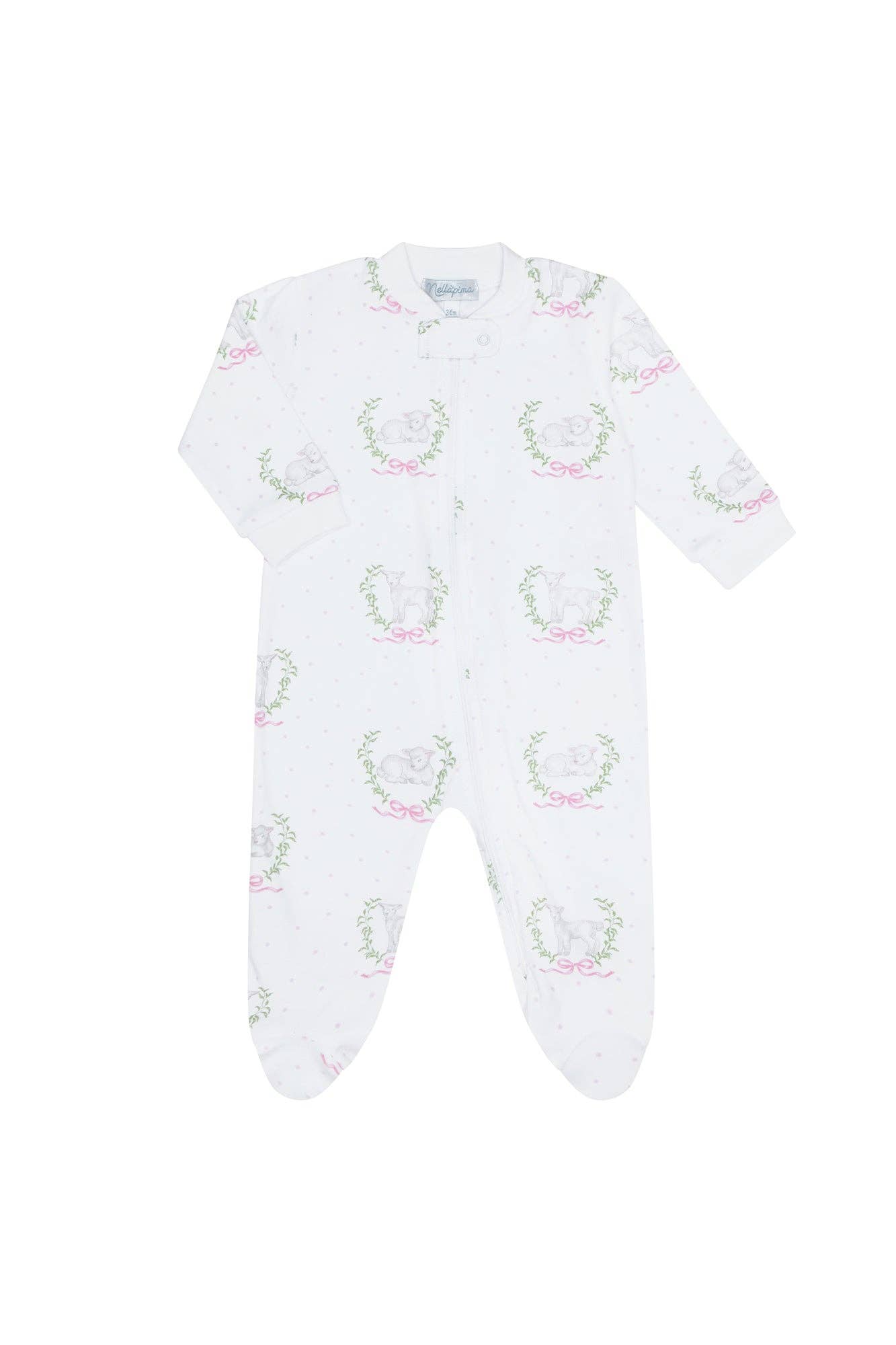 Nellapima - Pink Lamb Print Zipper Footie: Pink / 6 - 9M - Nenes Lullaby Boutique Inc