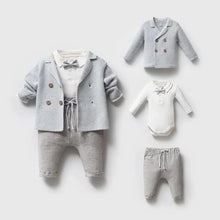 Load image into Gallery viewer, Nipperland - Knit Baby Boy Outfit – Cotton Linen Pants Set with Bow Tie : Blue / 0-3M