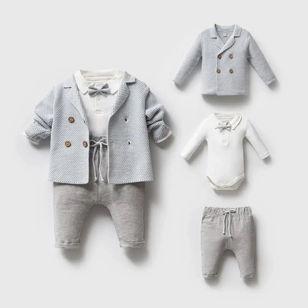 Nipperland - Knit Baby Boy Outfit – Cotton Linen Pants Set with Bow Tie : Blue / 3-6M