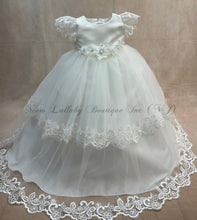 Load image into Gallery viewer, Anneliese diamond white Christening gown with tulle two layered skirt &amp; lace trime