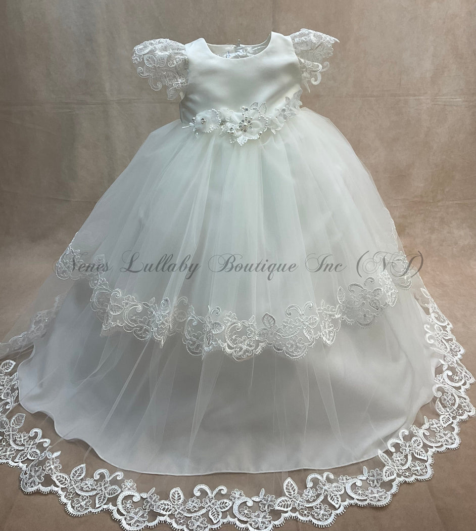 Anneliese diamond white Christening gown with tulle two layered skirt & lace trime