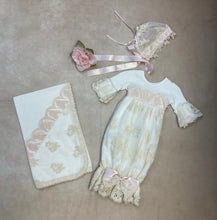 Load image into Gallery viewer, BNK3857 match Infant girl blanket with Vintage Ivory/cream lace &amp; pink satin ribbon to match 3857-3 &amp; 4i