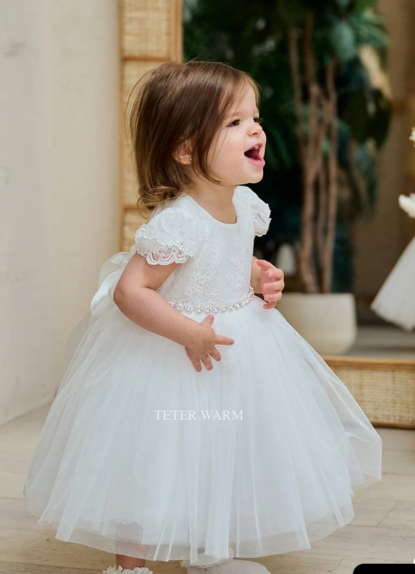 Blush pink lace & tulle flower girl dress