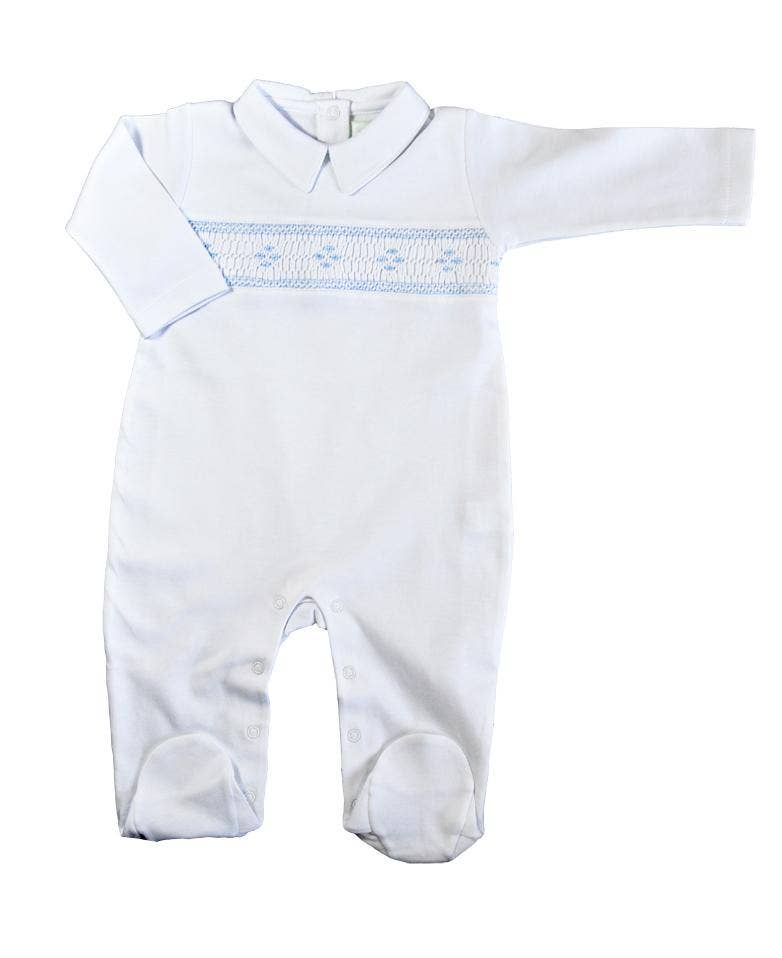 Baby Threads - White Hand Smocked Baby Boy Pima Cotton Footie: 6M