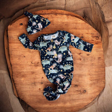 Load image into Gallery viewer, Baby in Styles - Dino astronauts knotted gown and hat set.