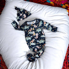 Load image into Gallery viewer, Baby in Styles - Dino astronauts knotted gown and hat set.