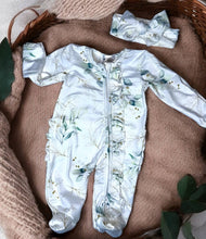Load image into Gallery viewer, Baby in Styles - Newborn eucalyptus ruffle footie and headband set 