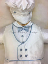Load image into Gallery viewer, Blue Willie by Piccolo Bacio Christening Couture comes in white silk adorned with blue piping