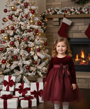 Load image into Gallery viewer, Stretch velvet &amp; Glitter tulle Burgundy dress size 6/12 month