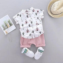 Load image into Gallery viewer, Cactus Print Short-sleeve Shirt and Pants Set: Blue / 9-12 Months
