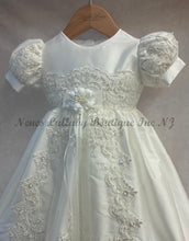 Load image into Gallery viewer, White lace dress with floral details on a hanger, branded &#39;Nene&#39;s Lullaby Boutique Inc NJ&#39;.