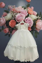 Load image into Gallery viewer, Rachel Girls Diamond White Christening gown w/matching bonnet by Bella Bow