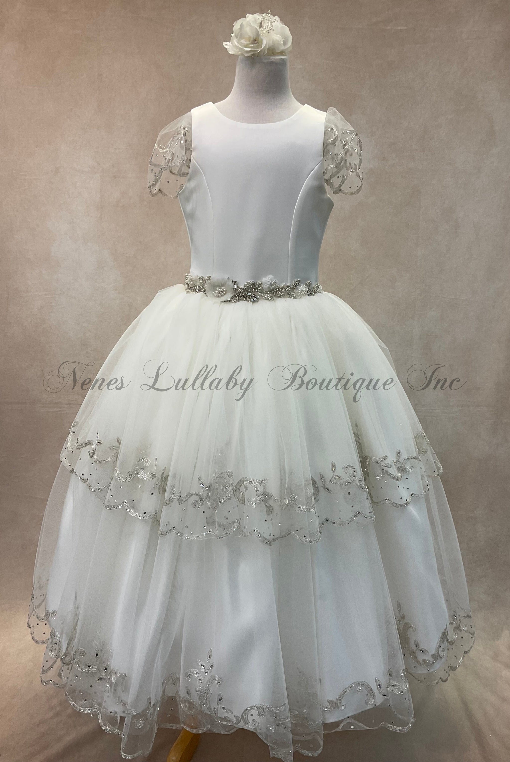 embroidered dress fabric First Communion Dress 2305 Ball Gown Short Sleeves 3-D Flowers. – Sparkly  Gowns main image 0