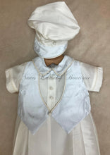 Load image into Gallery viewer, Fabrizo White Silk Christening Romper with pale blue Vest/ Short Sleeve/ Long Pant Newboy Cap