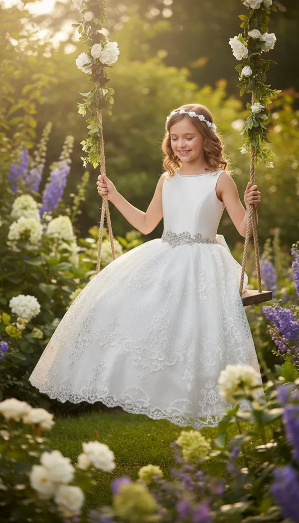 white dress for 1st communion Classic Satin First with Peplum Sleeves Baptism gown Tip Top Kids Big Girls