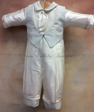 Load image into Gallery viewer, Felix Silk Christening / Baptism outfit PB_Felix_SK_ls_lp with Matching Cap Sky Blue Waffle vest by Piccolo Bacio