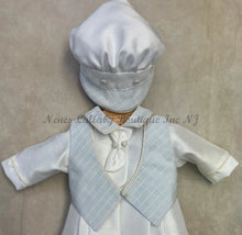 Load image into Gallery viewer, Felix shantung Christening / Baptism outfit with Matching Cap Sky Blue Waffle vest by Piccolo Bacio