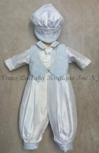 Load image into Gallery viewer, Felix shantung Christening / Baptism outfit with Matching Cap Sky Blue Waffle vest by Piccolo Bacio