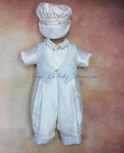 Load image into Gallery viewer, Felix_ws_ss_lp boy 100% white silk Christening / Baptism romper with waffle sky blue vest short sleeve/long pant matching newsboy cap